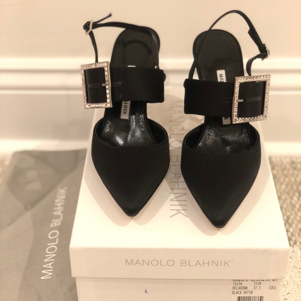 Black Satin Manolo Blahnik Beladonna heels. NWT